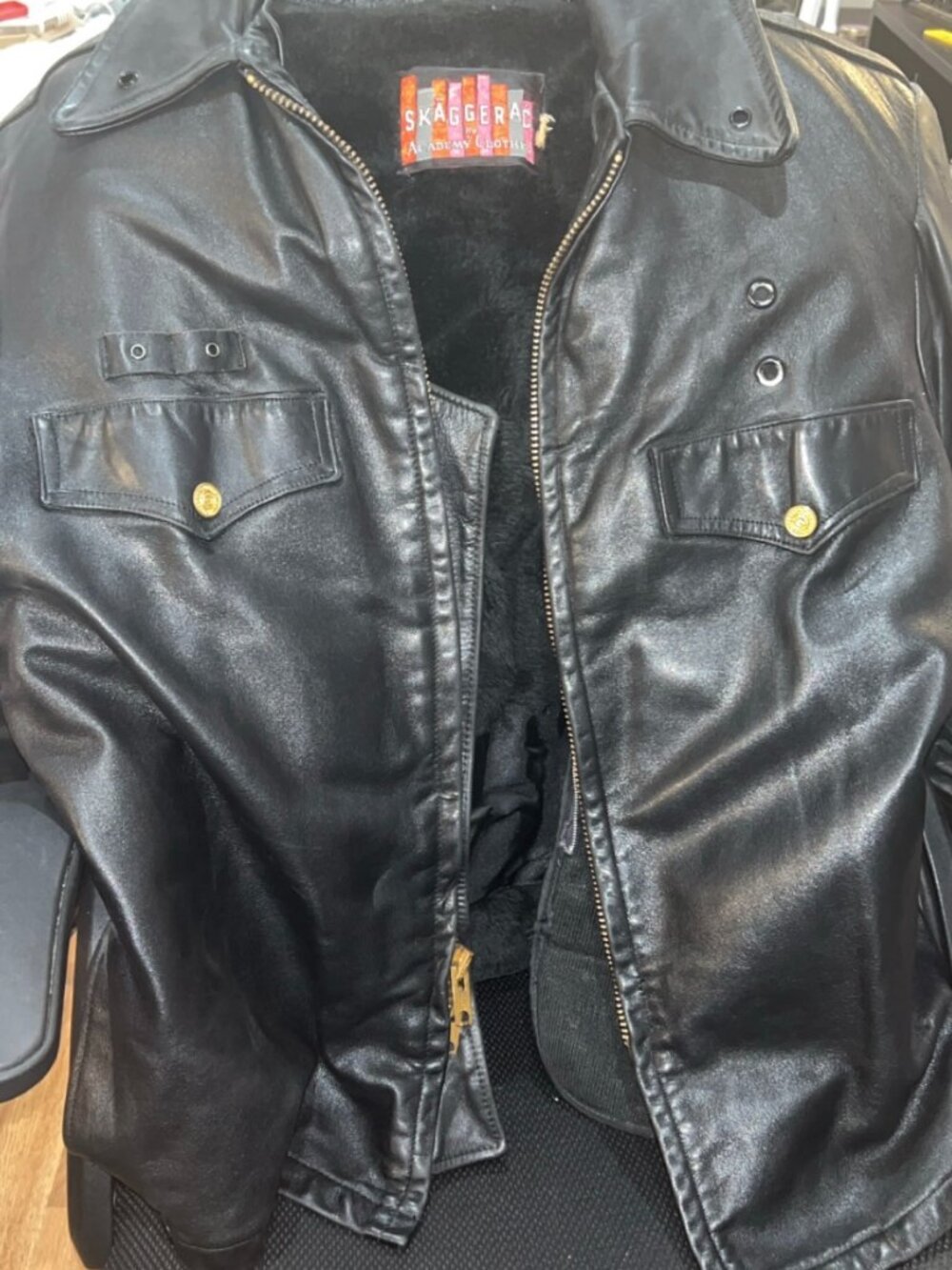 Vintage Black Leather Jacket XL Heavy, Faux Fur Lined, Hidden Pockets Durable